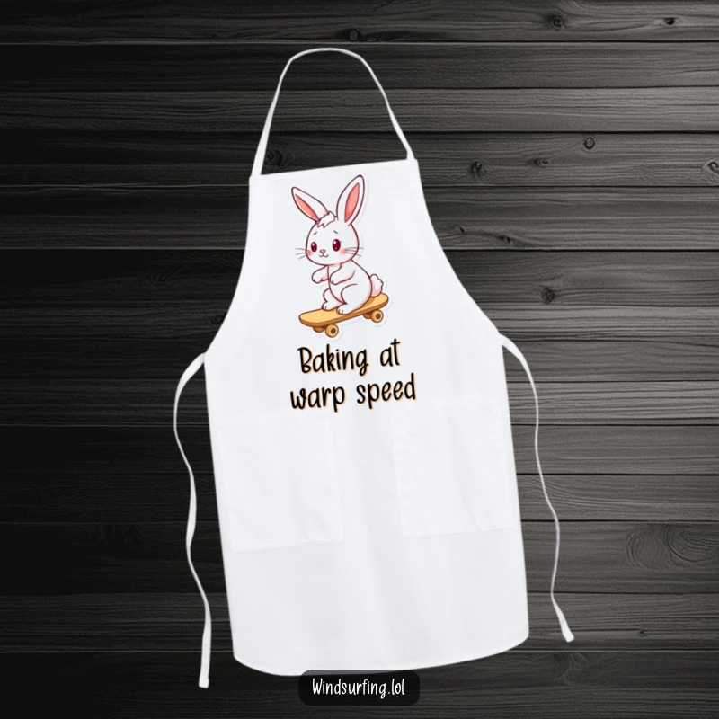 Funny bunny apron showing a playful bunny riding a board with ears blowing back, ideal for kitchen fun.