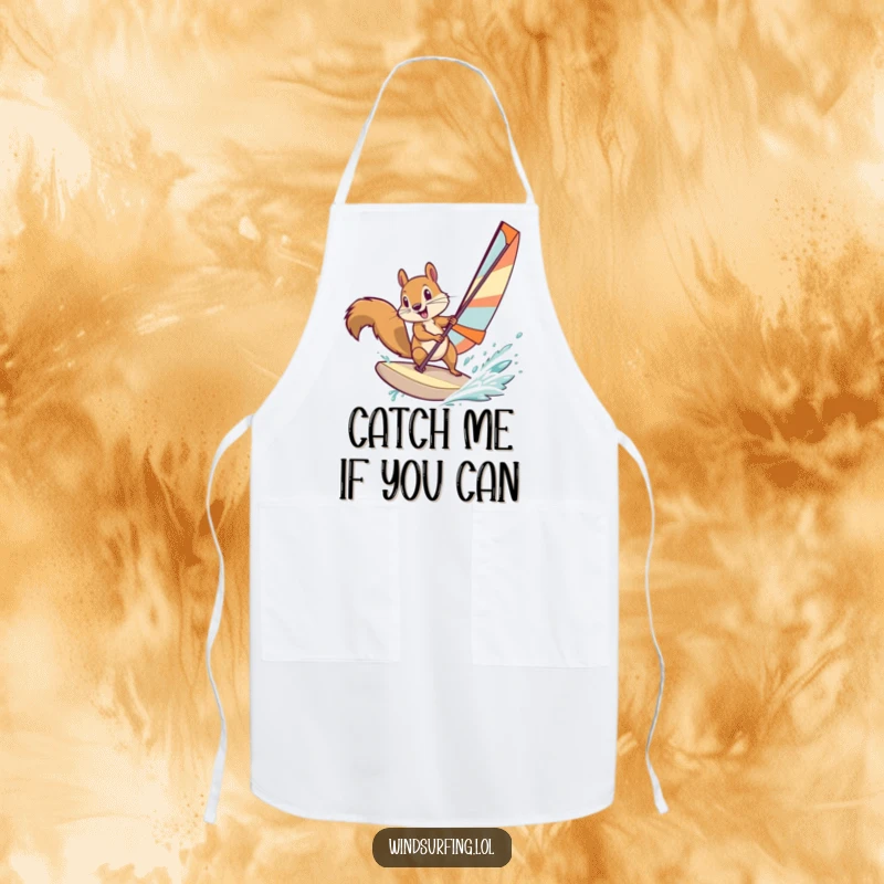 Funny squirrel windsurfing, ready for action in the kitchen, printed on a durable apron, combining culinary fun and adventure.
