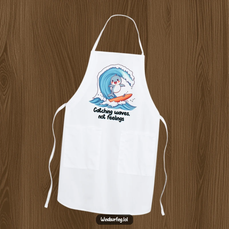 Funny apron with a joyful dolphin surfing a massive wave on a board, adding a splash of ocean fun to cooking.