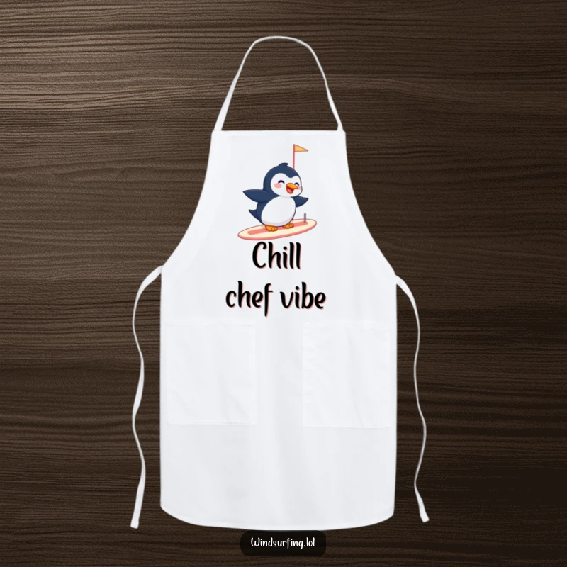 Funny apron with a giggling penguin effortlessly gliding on a sailboard, bringing playful arctic vibes to the kitchen.