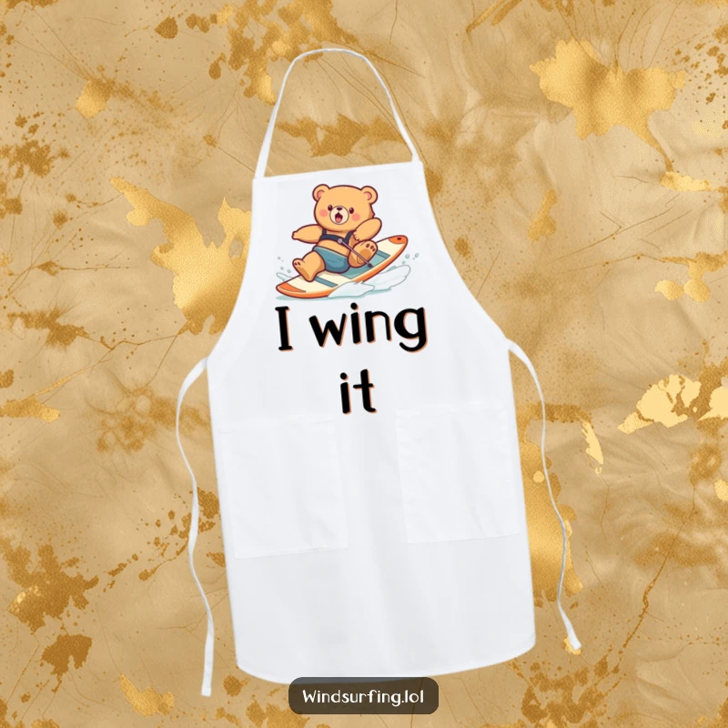 Funny apron depicting a clumsy bear losing balance and falling off a windsurfing board while trying to cook or grill.
