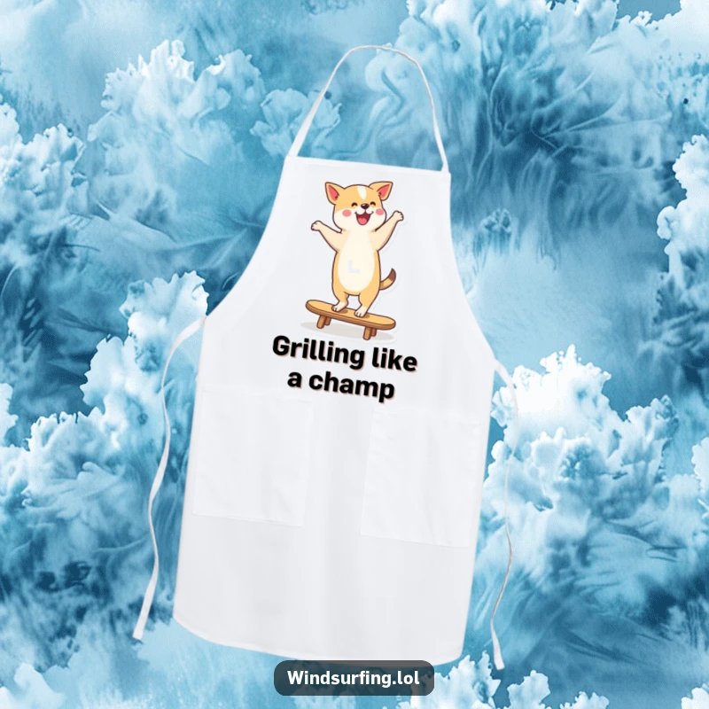 Funny Apron showcasing a dog balancing on a surfboard, ready to handle kitchen duties with playful energy.