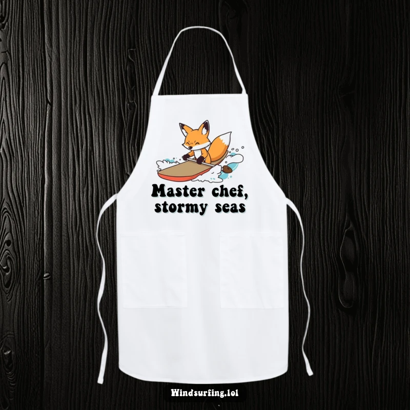 Funny Apron showcasing a determined fox steering a board through choppy water, ready for kitchen challenges.