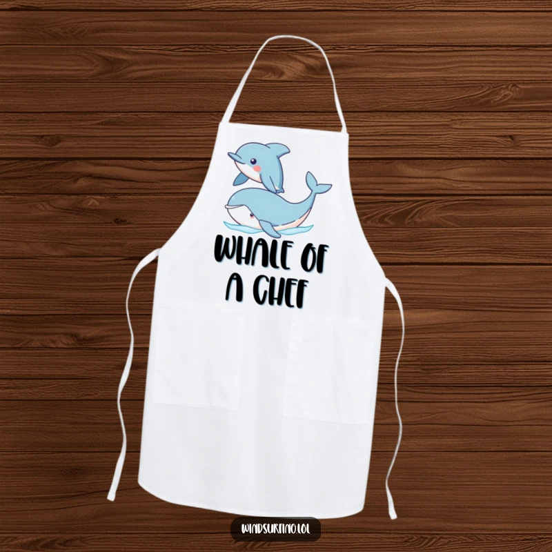 Funny Dolphin and Whale Apron with a proud dolphin sailing past a cute whale. Adds humor to kitchen tasks while protecting clothes.