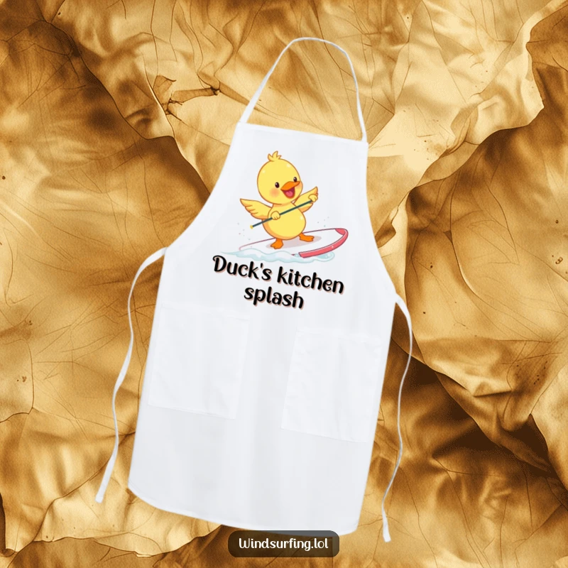 Funny Duckling Apron with a happy duckling windsurfing with tiny flapping wings. Protects clothes while adding humorous aquatic fun.