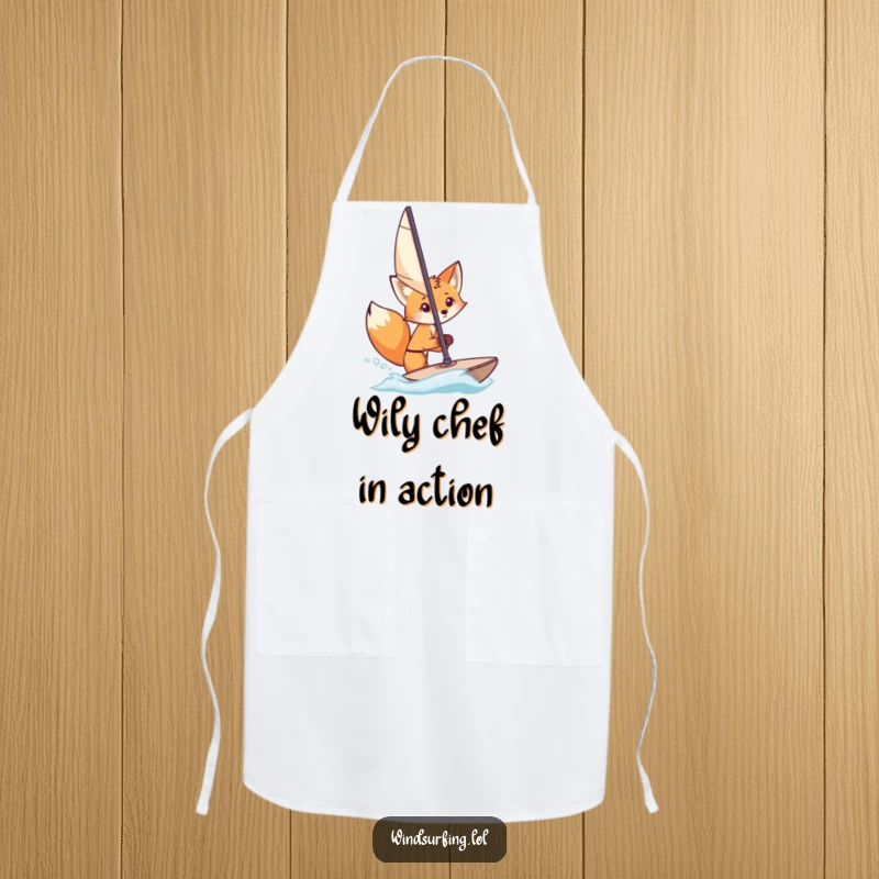 Funny Apron: A curious fox peeks from behind a windsurfing sail, adding a humorous and adventurous element to kitchen tasks.