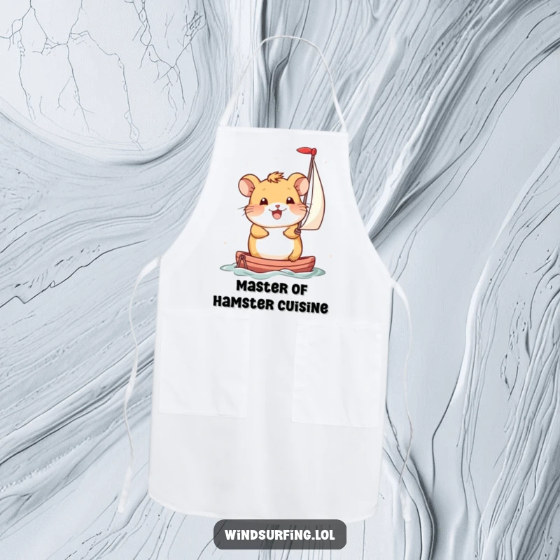 Funny Apron: Smiling hamster propels itself with a miniature sail, adding humor and charm to kitchen tasks.