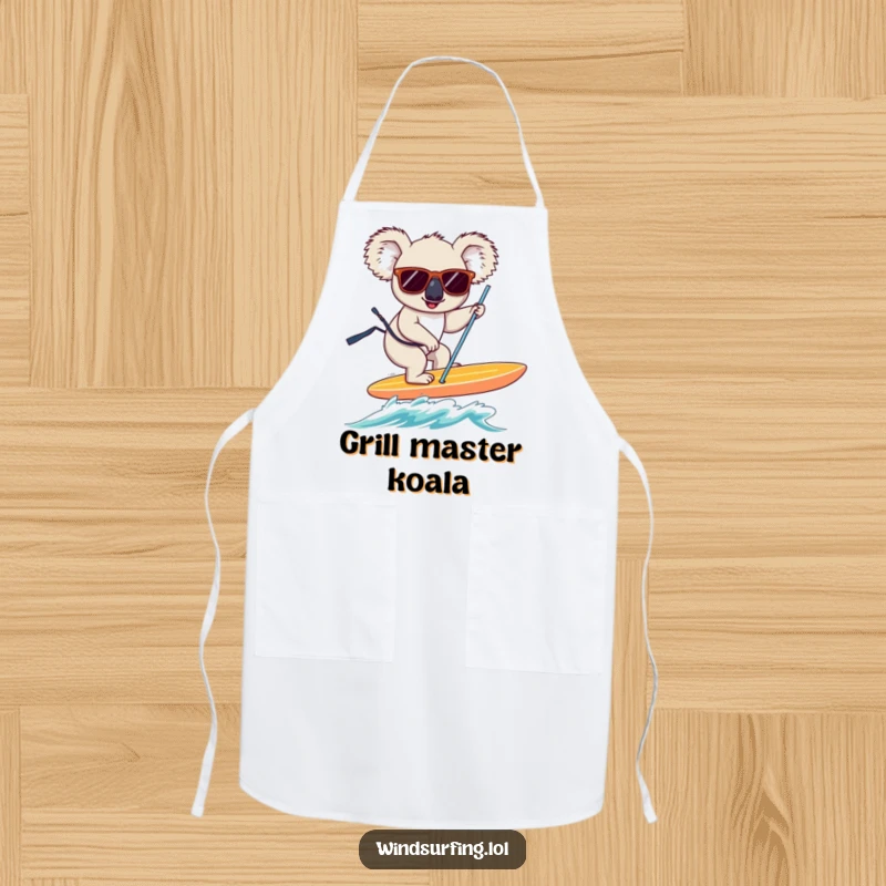 Funny koala wearing sunglasses, on a windsurfing board, ready to cook in this humorous apron.