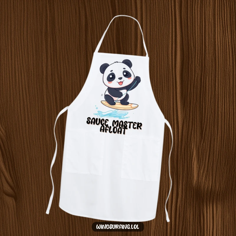 Funny Apron: A panda attempts windsurfing with a beaming face, a funny and practical kitchen accessory.