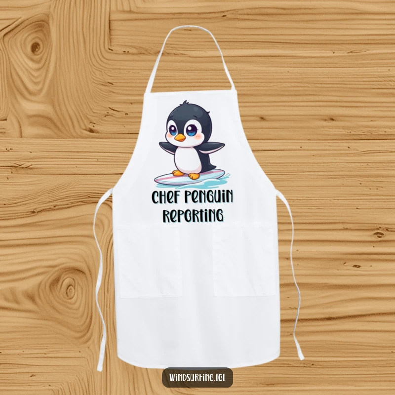 Funny apron depicting a curious penguin with wide eyes, hilariously attempting to surf while holding a spatula.