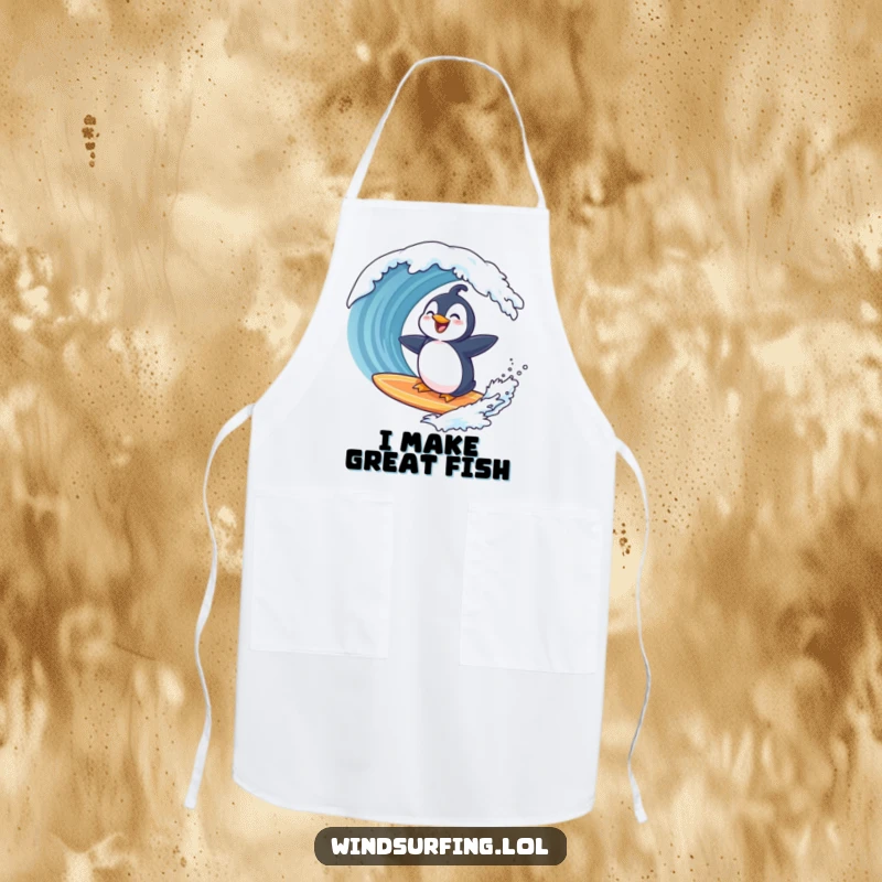 Funny penguin laughing on a surfboard with a wave behind it, illustrated on a kitchen apron for humorous and practical cooking.