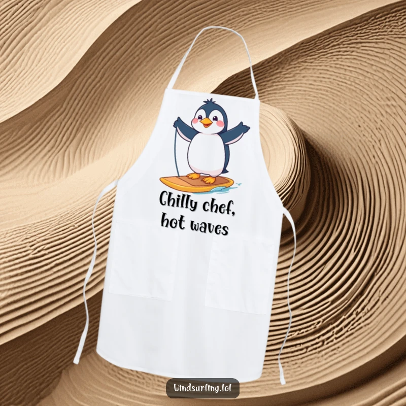Funny apron showing a proud penguin striking a pose on a windsurfing board, ready to add humor to cooking duties.