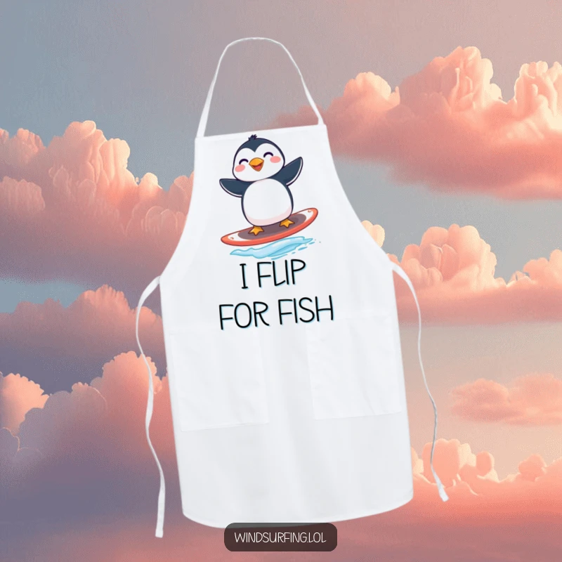 Funny penguin windsurfing apron featuring a cheerful penguin balancing on a windsurfing board while cooking.