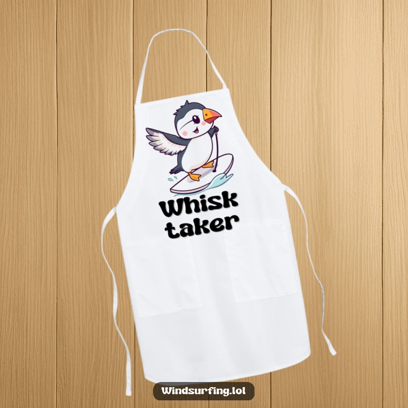 Funny puffin doing a trick on a windsurfing board, kitchen apron, cartoon bird graphic.