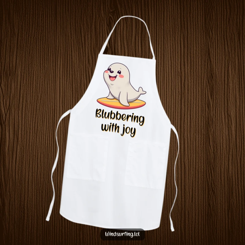 Funny apron showing a chef character with a happy seal on a surfboard, blending kitchen fun with aquatic charm.