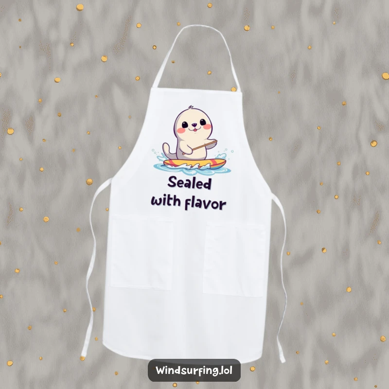 Funny Seal Windsurfing Apron: A smiling seal playfully splashes water while windsurfing, perfect for kitchen fun.