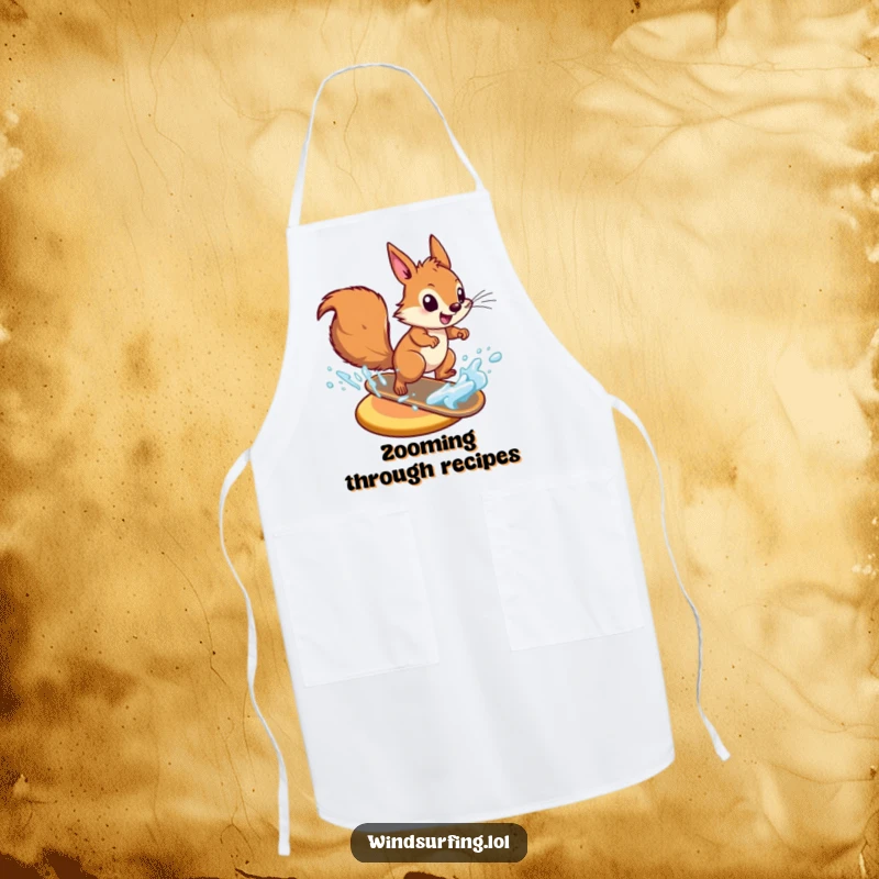 Funny energetic squirrel zooming across water on a board on a kitchen apron, adding a splash of action to meal prep.