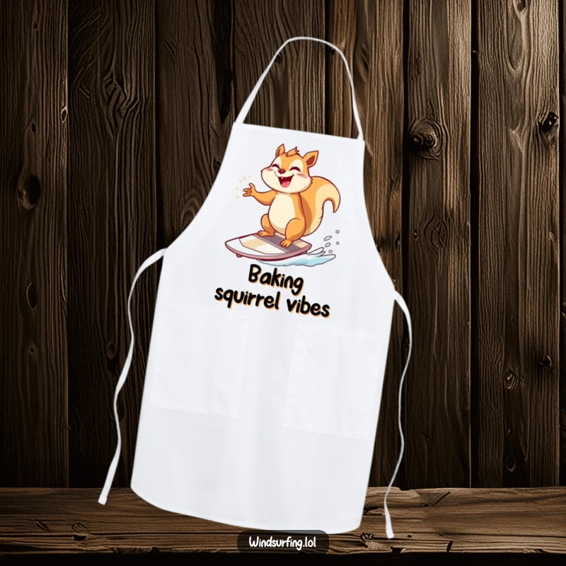 Funny Apron: A squirrel poses triumphantly on a windsurfing board, a funny and practical kitchen accessory.