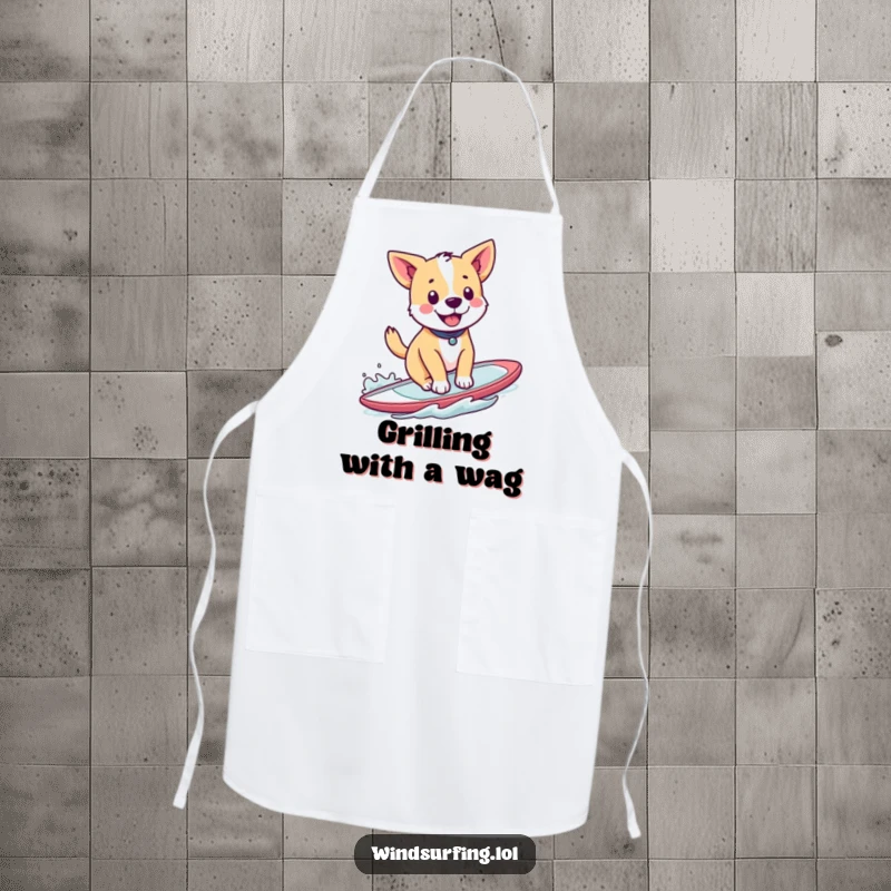 Funny apron featuring a happy dog windsurfing with a wagging tail, ready for kitchen adventures, a humorous cooking accessory.