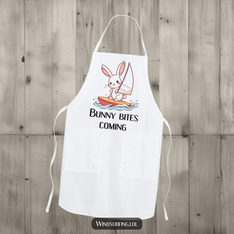 Funny apron featuring a curious rabbit windsurfing, leaning into the wind, ready for kitchen adventures, a humorous cooking accessory.