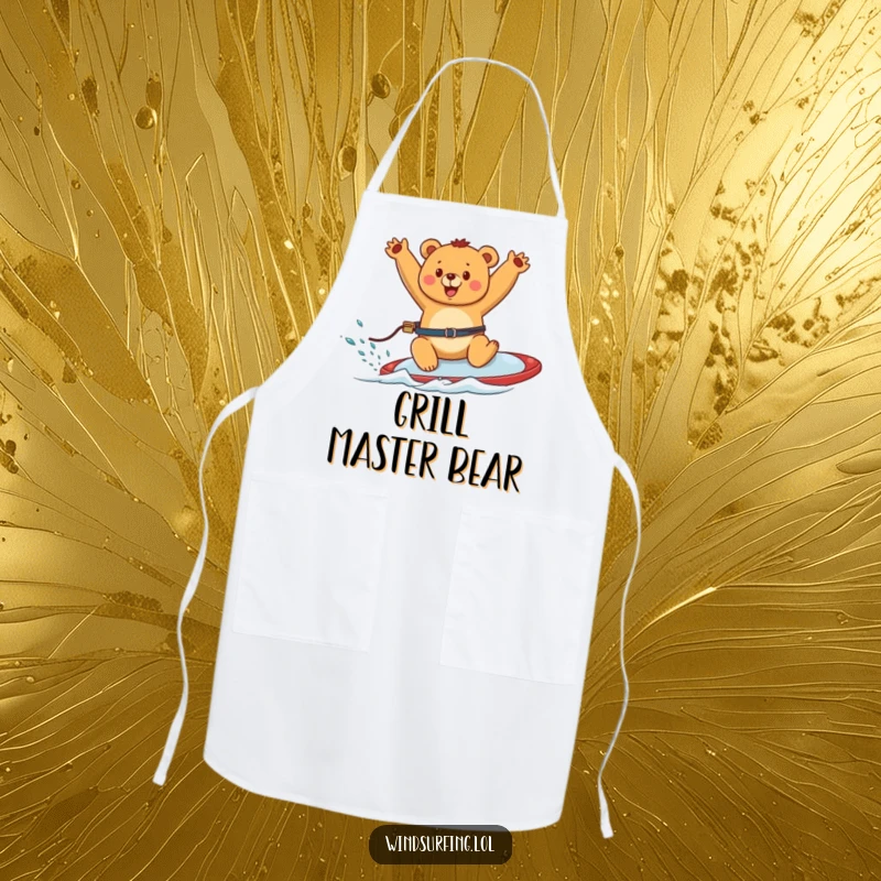 Funny apron shows a happy bear windsurfing with arms waving, perfect for chefs who love fun and sunny vibes.
