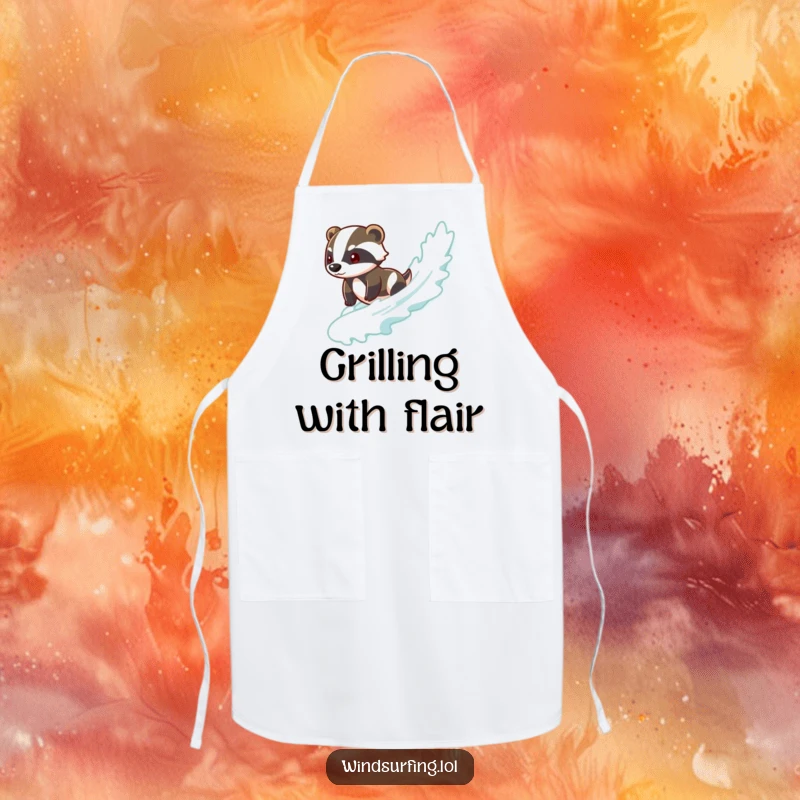 Funny badger apron showing a brave badger surfing a wave, ideal for kitchen use with a cool and confident vibe.
