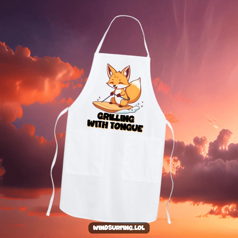 Funny apron depicting a curious fox windsurfing with its tongue sticking out, ideal for kitchen adventures with a cheeky twist.