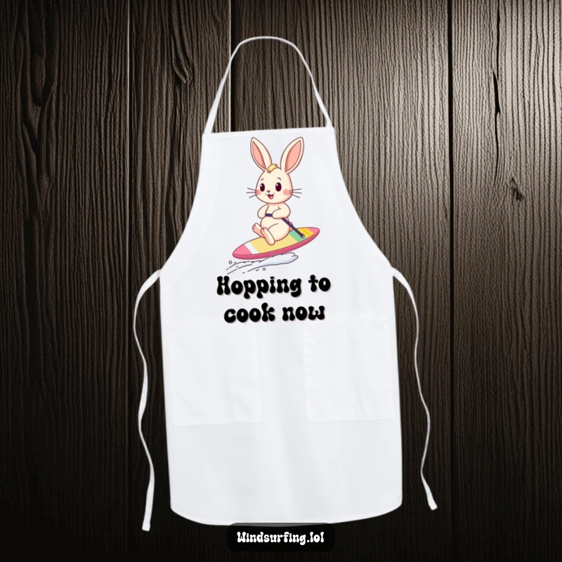 Funny bouncing bunny sailboarding with ears flying in the wind on a kitchen apron, bringing playful energy to cooking.