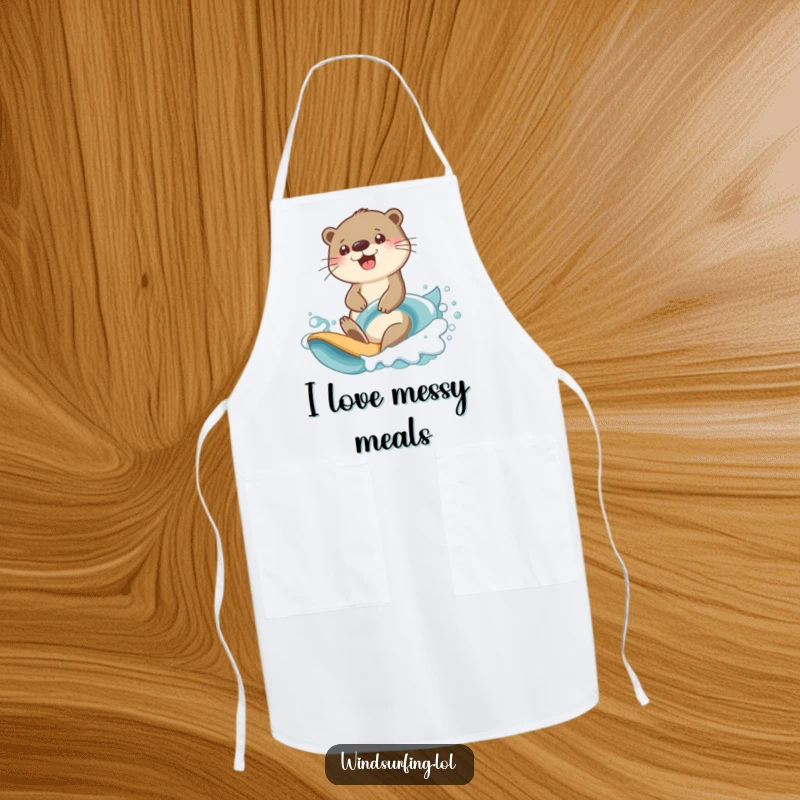 Funny otter surfing apron with a cheerful otter looking determined while riding an ocean wave.