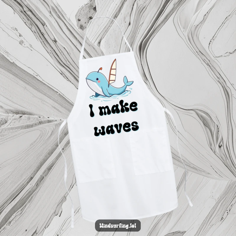 Funny whale spouting water, launching a windsurfing board, kitchen apron, cartoon ocean-themed graphic.