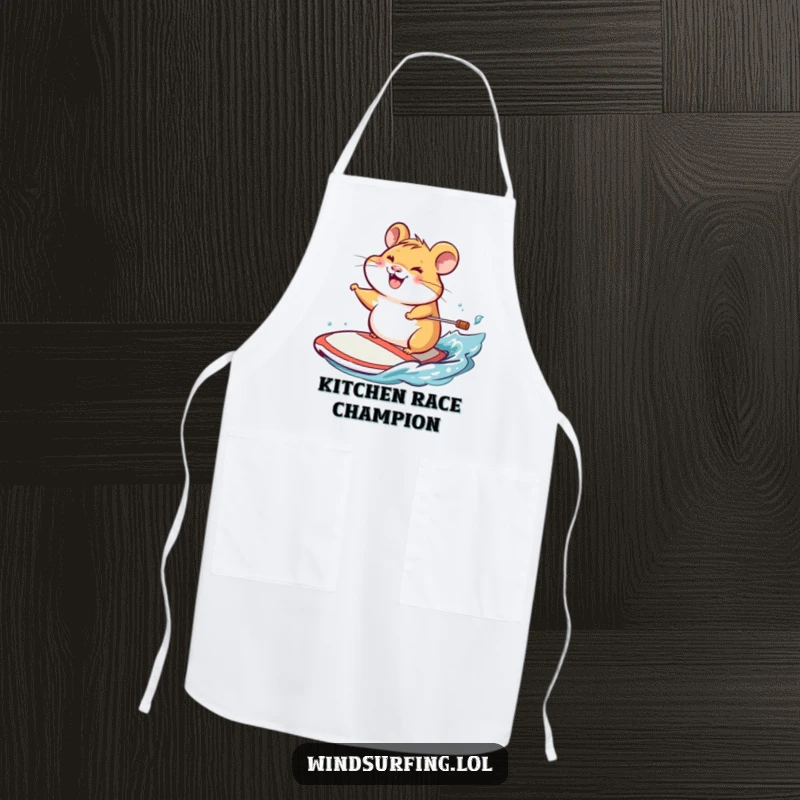 Funny apron showing a cheerful hamster grinning while steering a windsurf board, ready to serve a delicious meal.