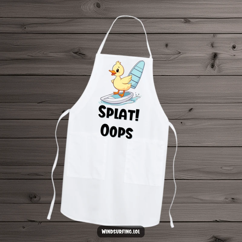 Funny Apron: A duck wobbles on a windsurfing board, a funny and practical kitchen accessory.