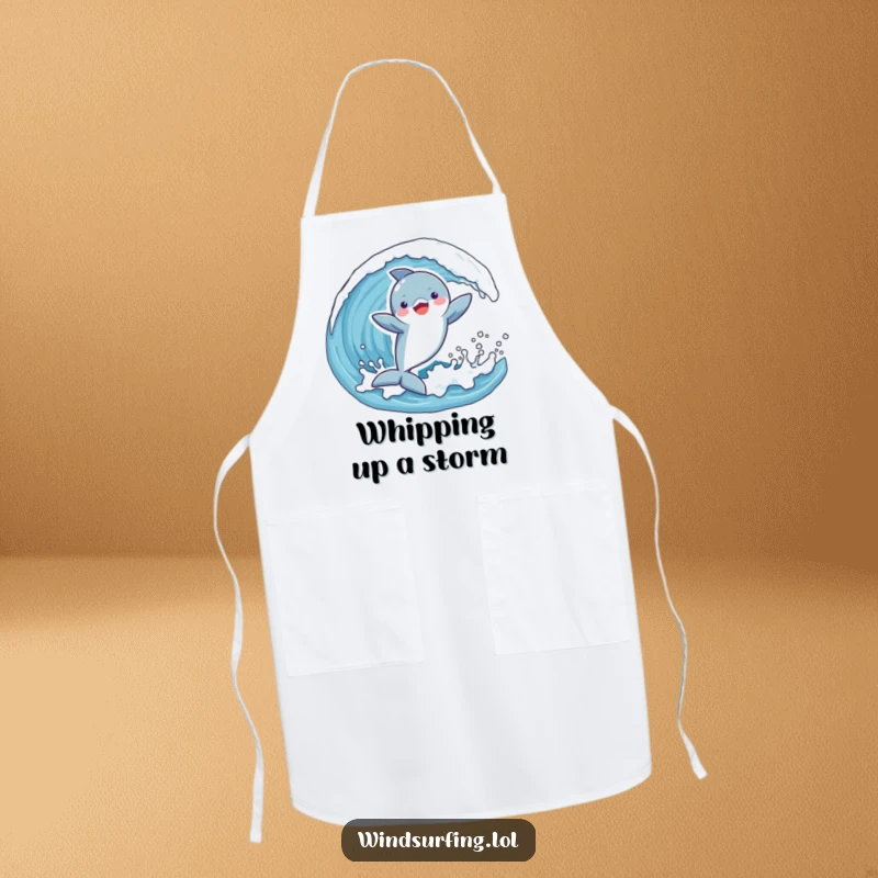 Funny apron showing a chef character with a playful dolphin catching a wave, blending kitchen fun with aquatic charm.