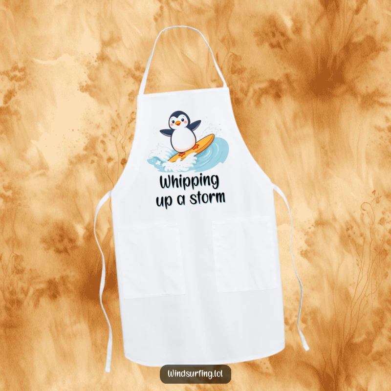 Funny apron with a penguin windsurfing, designed for kitchen use, adding humor to cooking tasks.