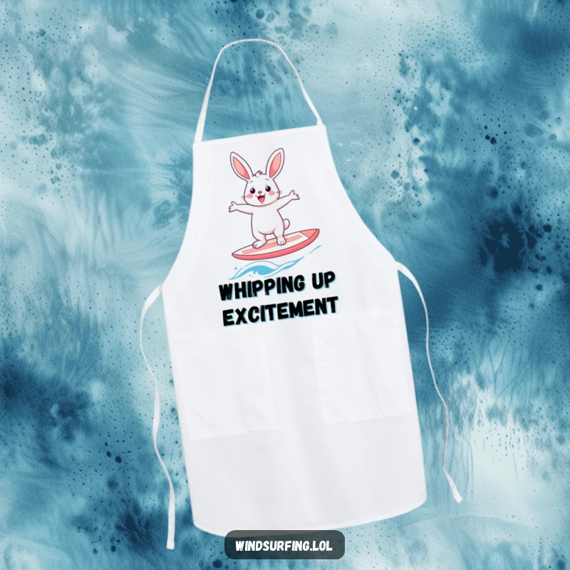 Funny rabbit windsurfer apron, showcasing a cheerful hare humorously balancing on a windsurf board while cooking, a delightful kitchen accessory.