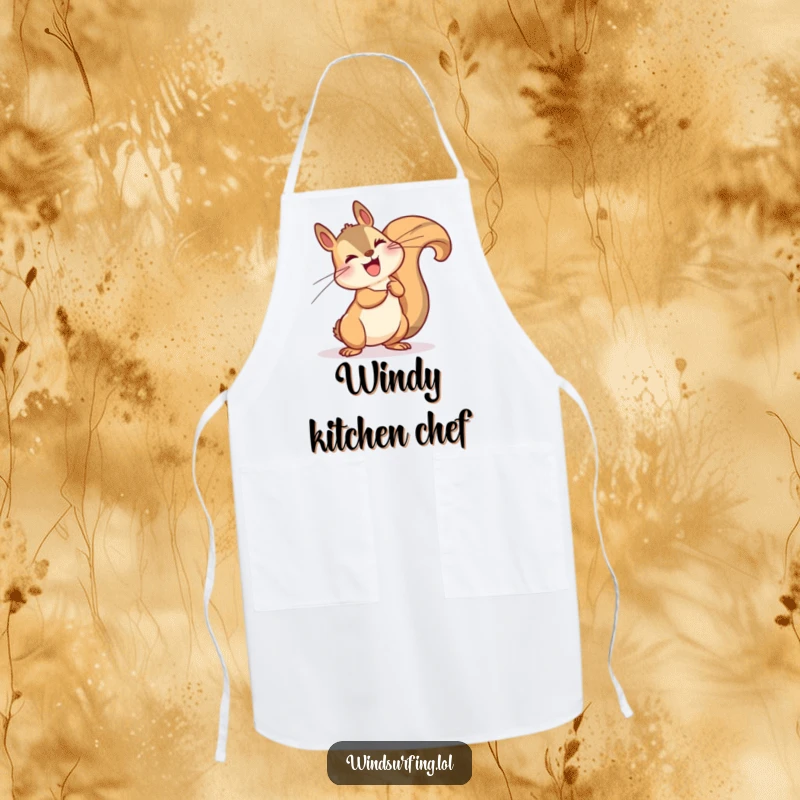 Funny apron depicting a squirrel dramatically leaning into a gust of wind, ideal for kitchen adventures with a touch of nature.