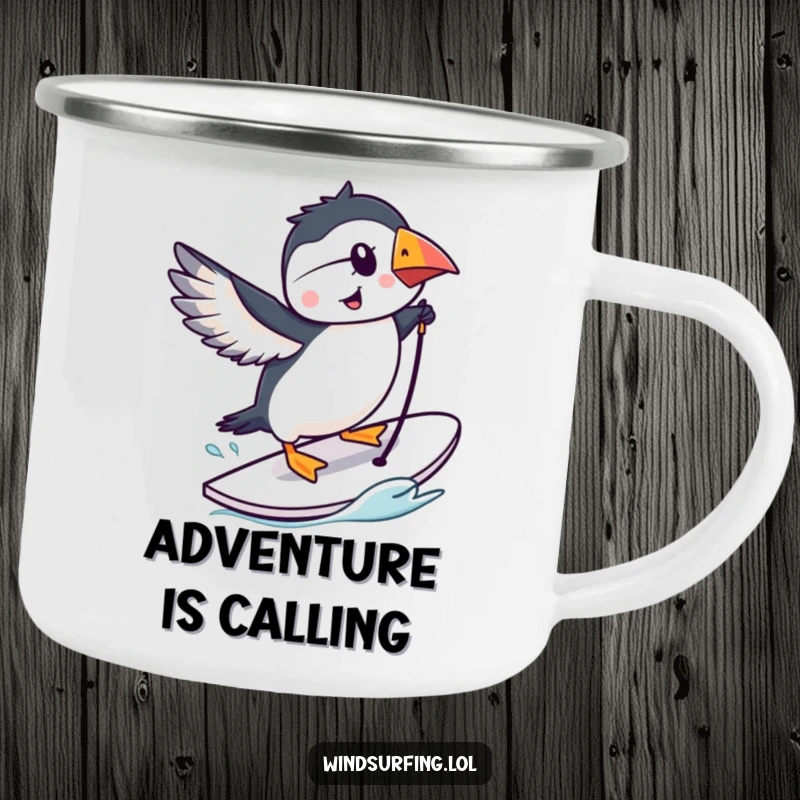 Funny puffin on a windsurfing board, cartoon camping mug, humorous outdoor graphic.