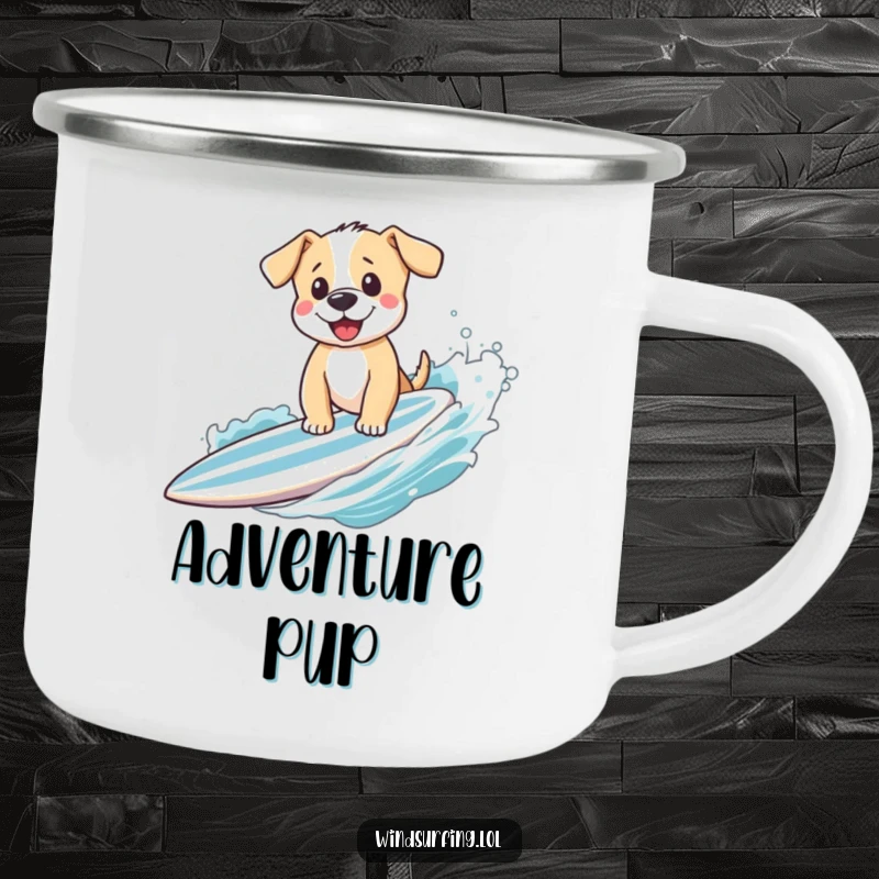 Funny puppy waving from a surfboard, printed on a durable camping mug, adding a dose of cute humor to outdoor beverage enjoyment.