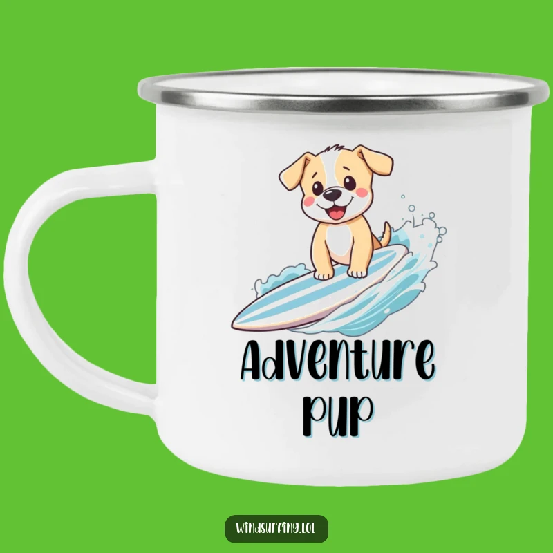 Funny Puppy Surfing Camping Mug - Rugged and Hilarious for Outdoor Adventures