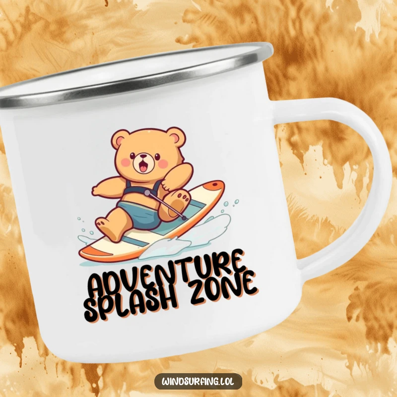Funny camping mug illustrating a clumsy bear tumbling off a windsurfing board, perfect for outdoor humor and drinks.