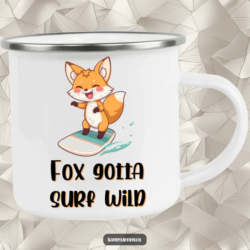 Funny fox windsurfing camping mug, showing a fox catching air while windsurfing, perfectly capturing outdoor fun and humor, great gift.