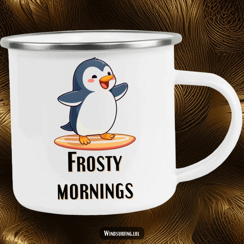 Funny Penguin Surfing Camping Mug: A joyful penguin glides on a surfboard, ready for campfire coziness.