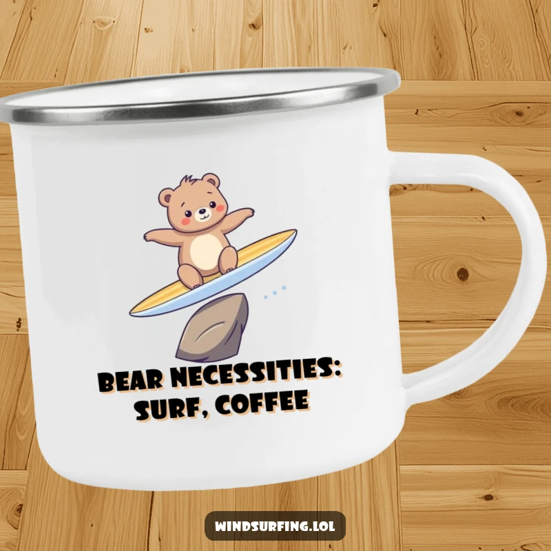 Funny camping mug featuring a bear comically trying to surf on a surfboard, ready for outdoor adventures and jokes.