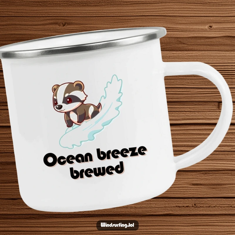 Funny badger camping mug showing a brave badger surfing a wave, perfect for outdoor use with a cool and confident style.