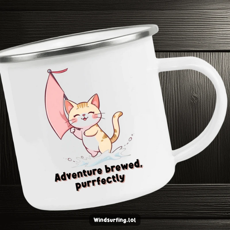 Funny camping mug depicting a cat sailing with a sail catching wind, ready for campfire stories and outdoor fun.