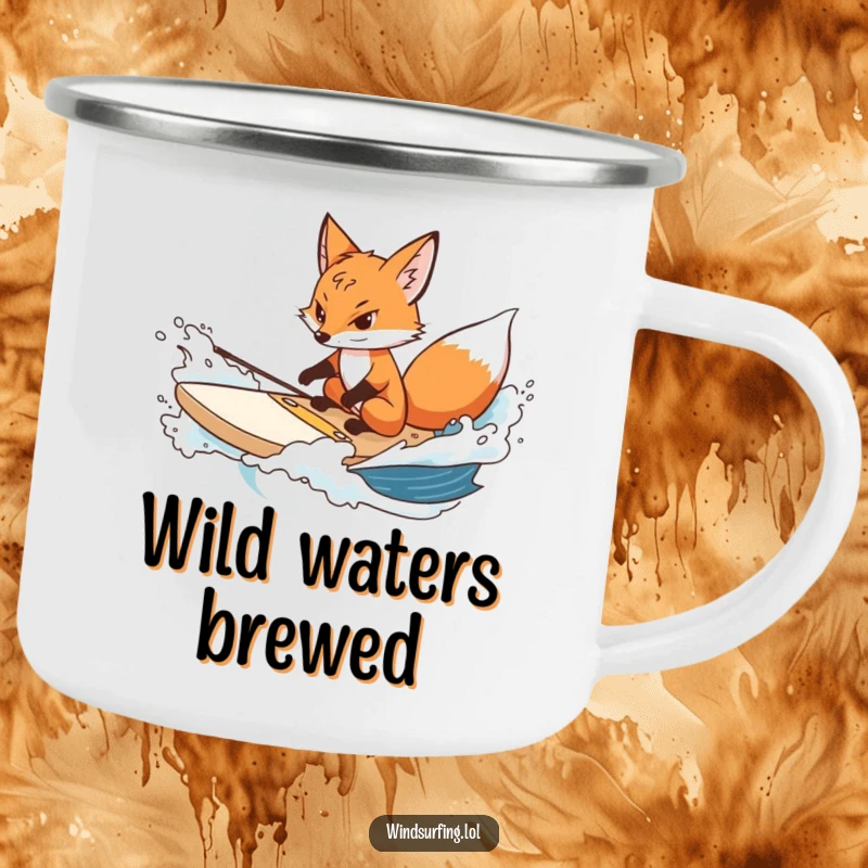 Funny fox camping mug showing a determined fox steering a surfboard through choppy water, great for outdoor resilience.
