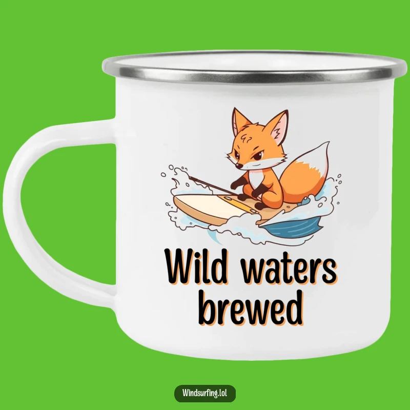 Funny Determined Fox Surf Camping Mug - Resilient Enamel Mug, Great for Outdoors