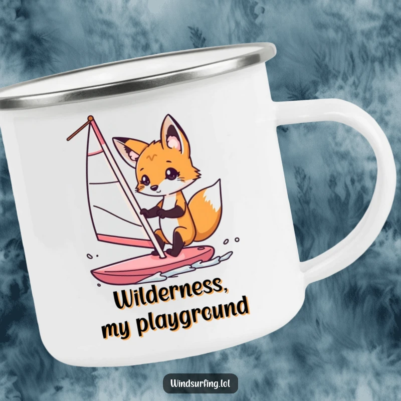 Funny fox windsurfer camping mug, a curious fox playfully steering a windsurf sail, embodying outdoor adventure and humor, perfect for drinks.