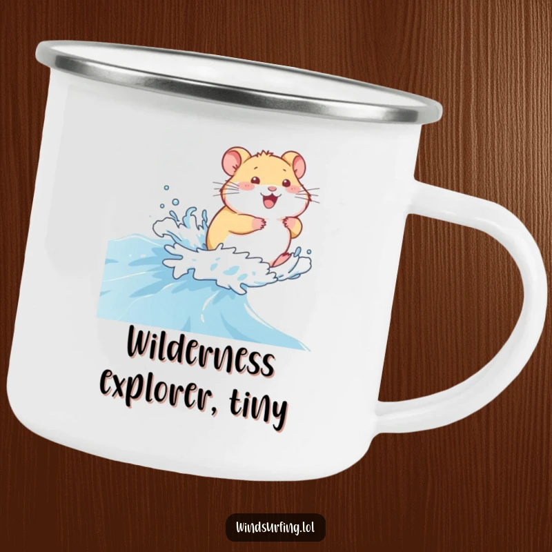 Funny Camping Mug: A giggling hamster sailing across a choppy sea, bringing adventure to outdoor trips, a durable funny gift.