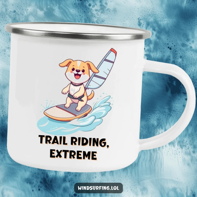 Funny Camping Mug: A happy dog windsurfing, bringing joy to outdoor adventures, a durable funny gift.